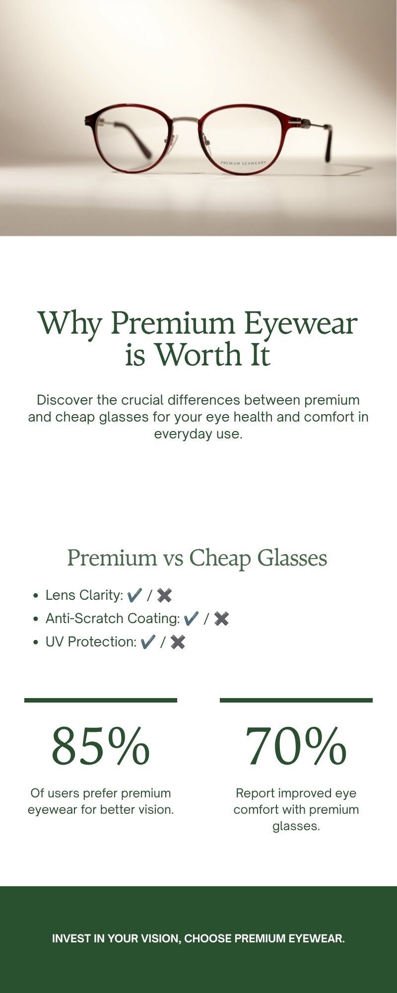 Infographic comparing what you get with premium vs cheap eyeglasses in Bangladesh