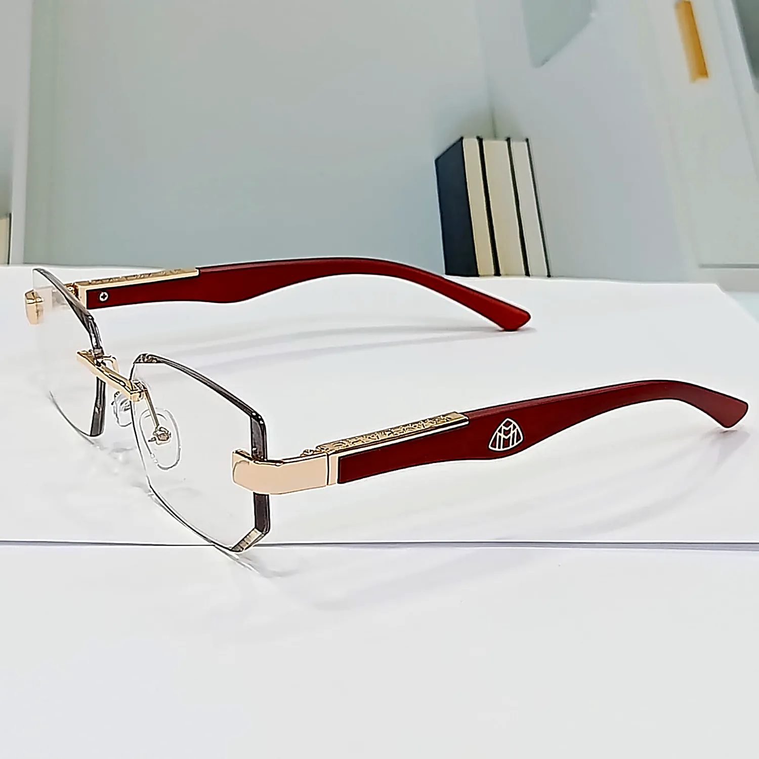 N-104 Wooden Rose gold rimless reading glasses with rose-wood temples — front view